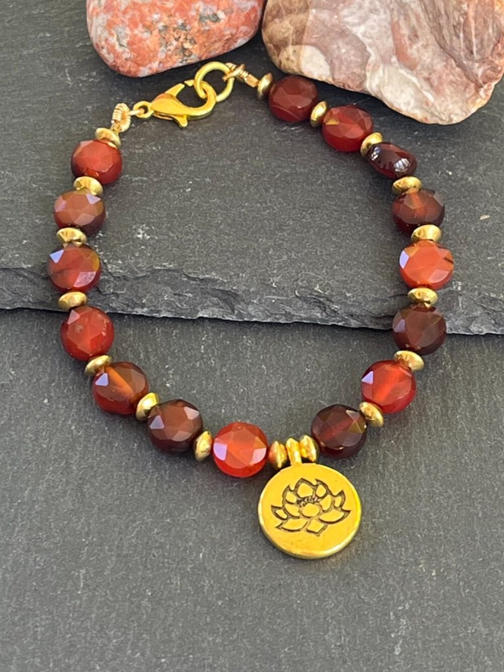 Agate Beaded Boho Bracelet | Gold Lotus Charm | Gemstone Bracelet with Clasp